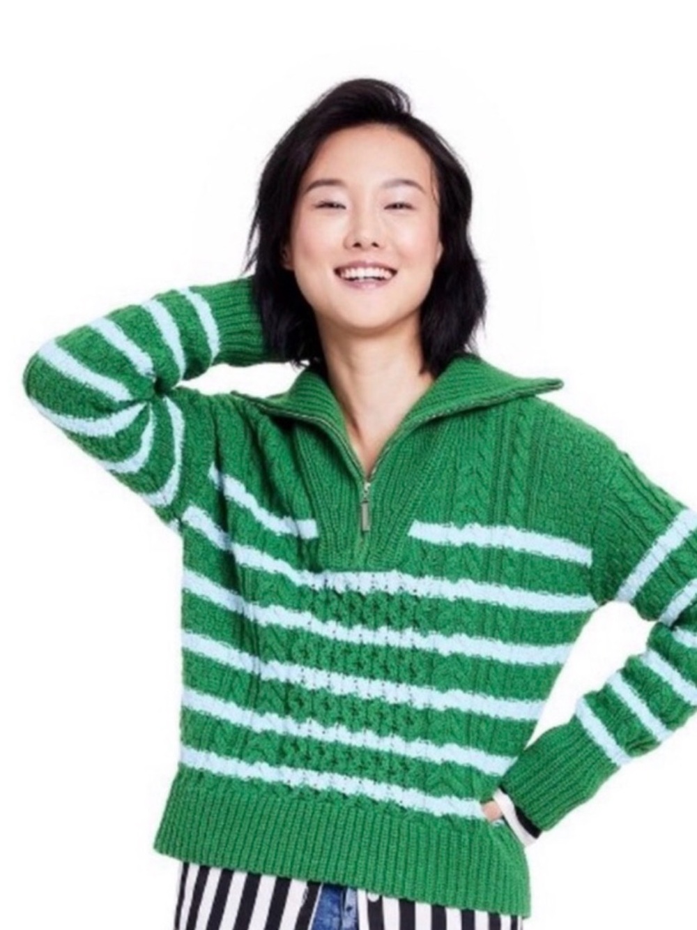La Ligne Green and White Striped Half-Zip Cable Knit Sweater